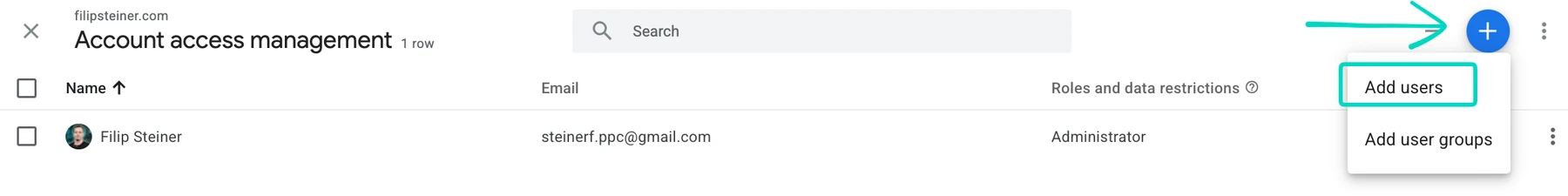 GA4 Account access management screen with the blue plus button and the Add users option both highlighted