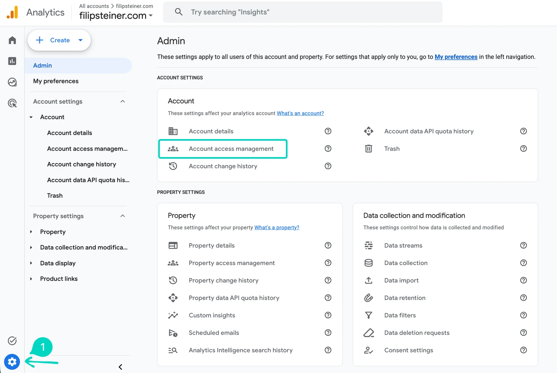 GA4 Admin screen with the gear icon in the lower left and the Account access management row both highlighted