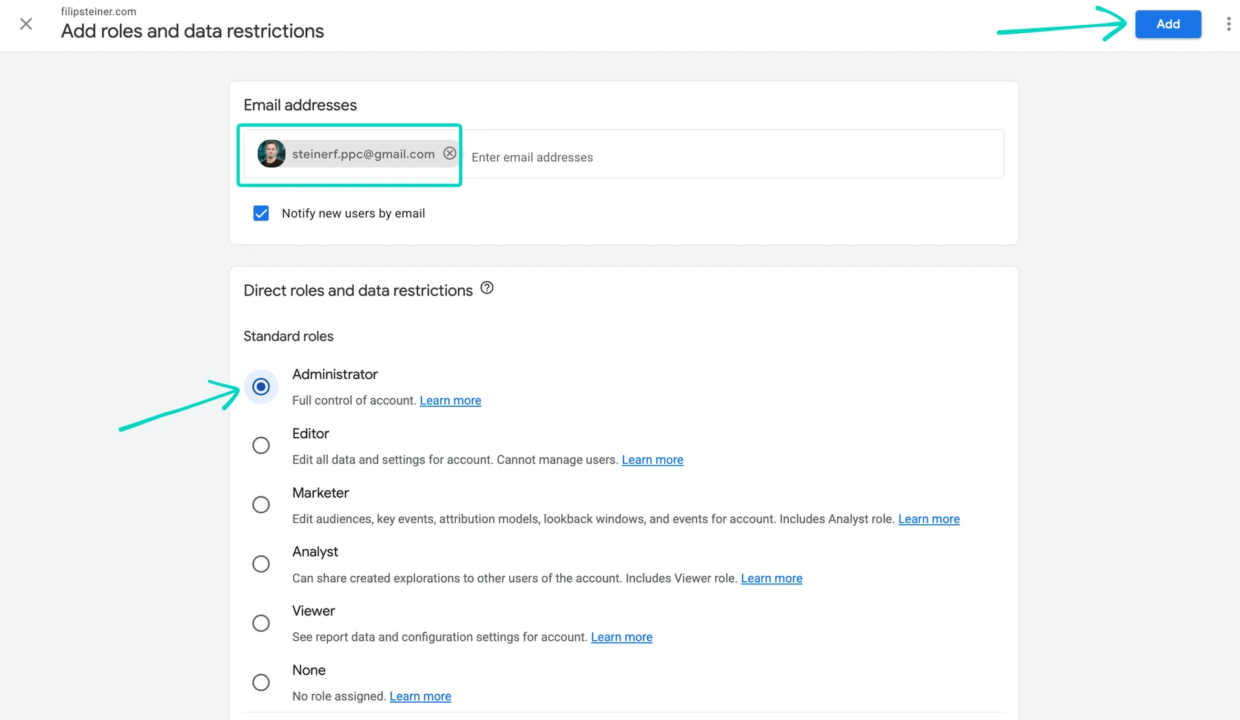 GA4 Add roles and data restrictions screen with the email field, the Administrator role, and the Add button all highlighted