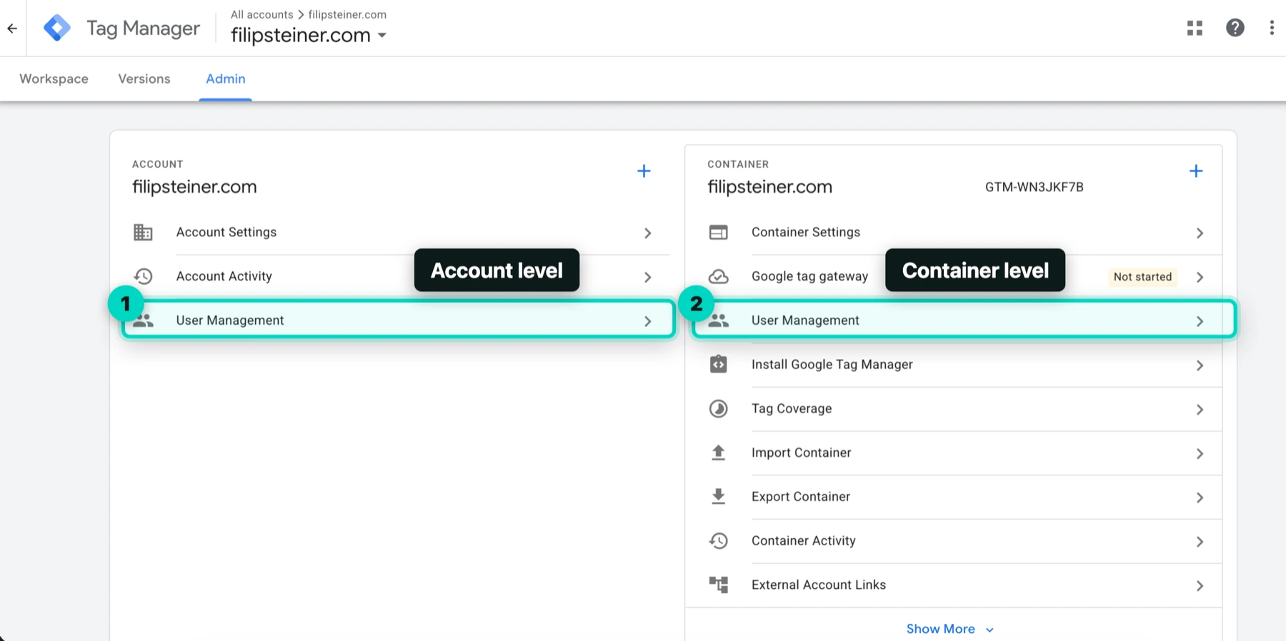 Google Tag Manager Admin screen with both User Management entries highlighted, one under the Account column and one under the Container column