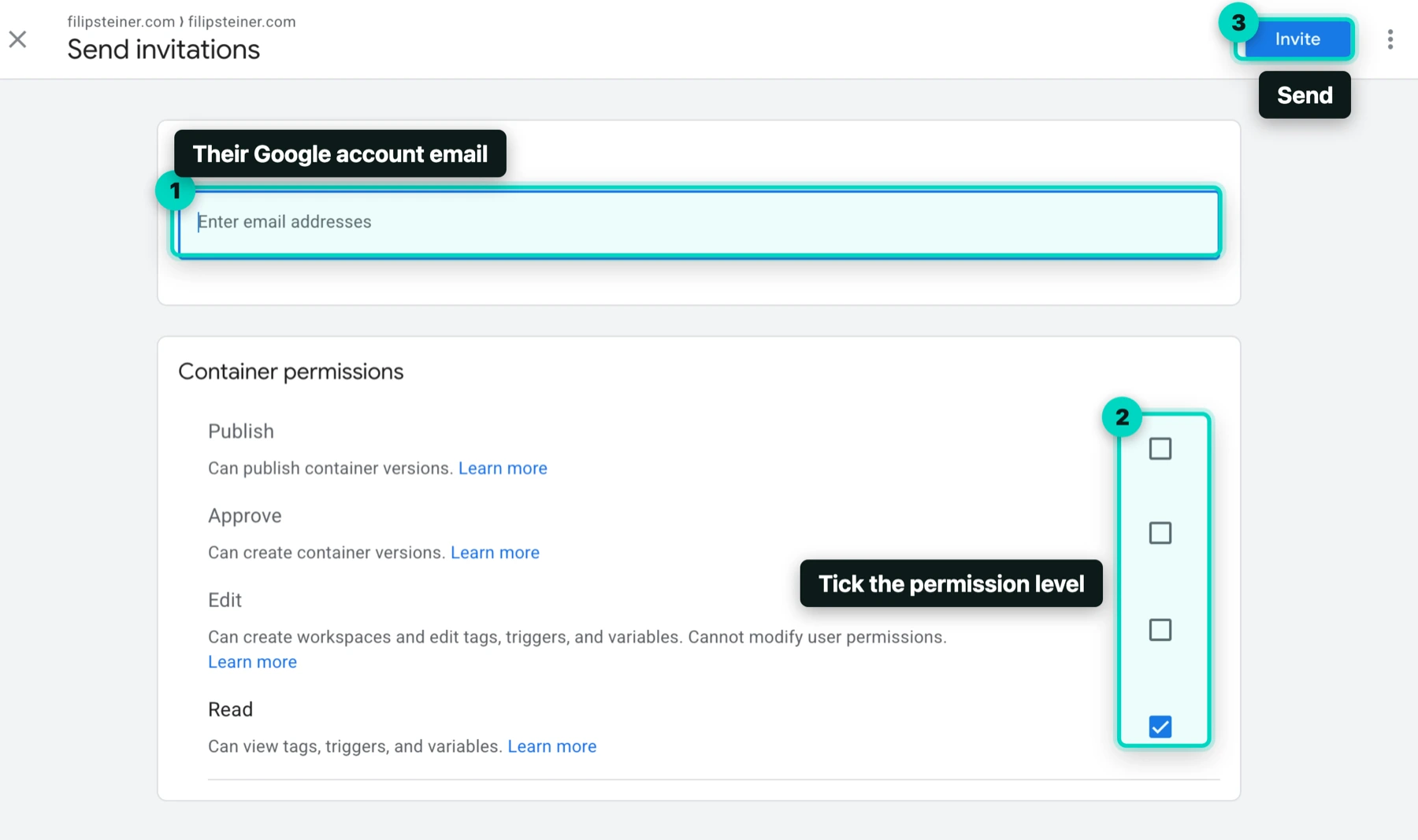 Google Tag Manager Send invitations screen with the email field, the container permission checkboxes and the Invite button highlighted